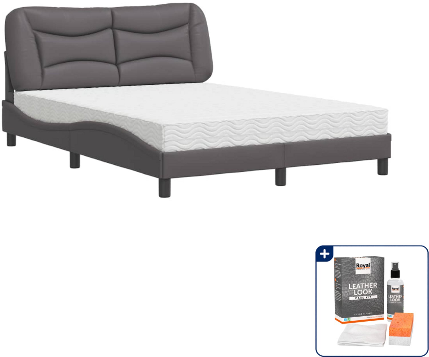 vidaXL Hvar bed met matras - Small double - 140 x 200 cm - grijs - Inclusief onderhoudsset voor kunstleer 150 ml Bruin