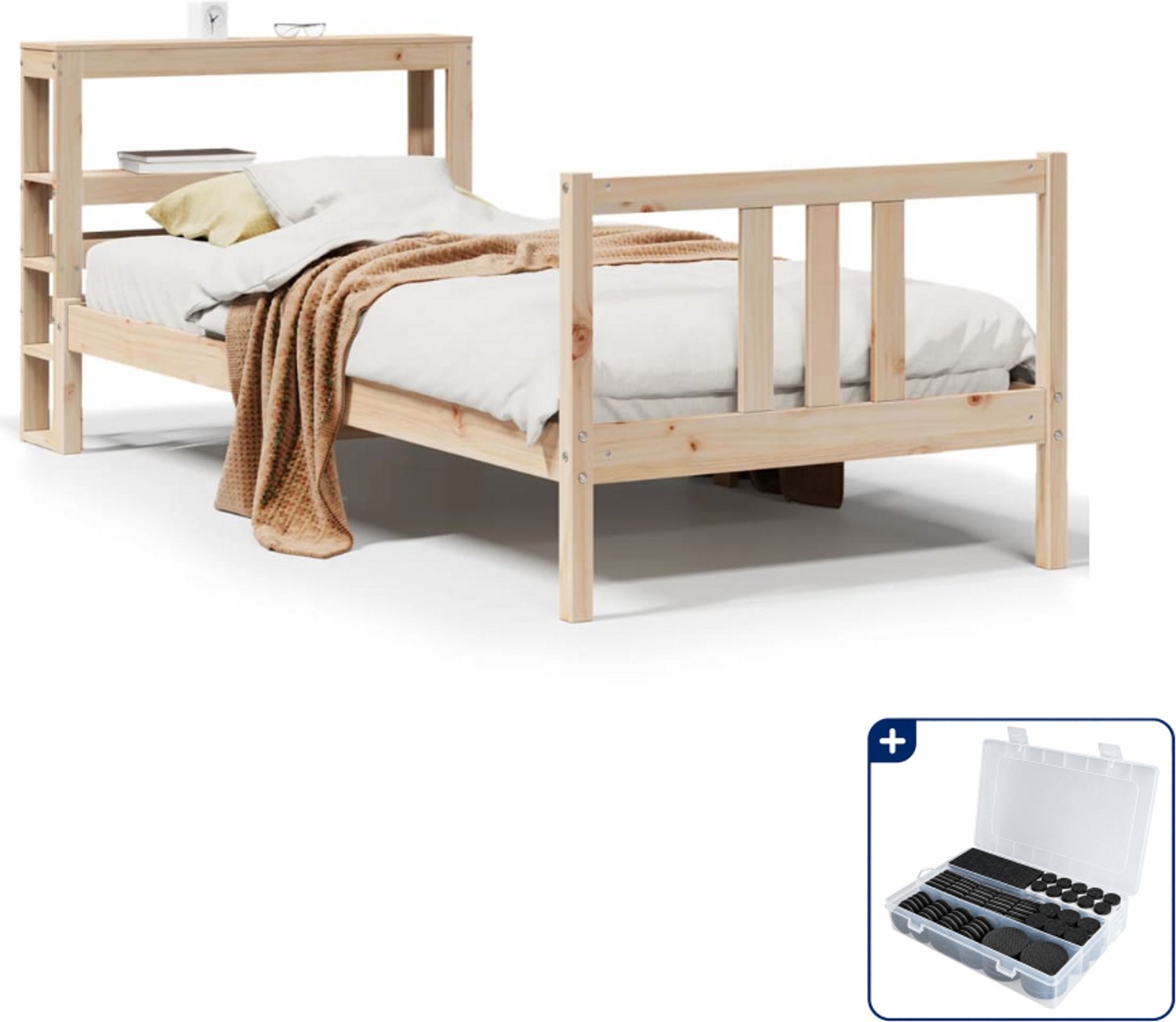 vidaXL bedframe met hoofdbord - 90 x 190 cm - massief grenenhout - Inclusief antikrasvilt 177-delig Bruin