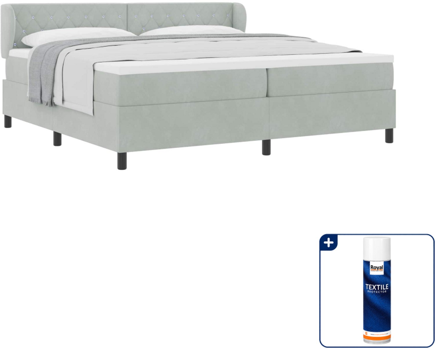 vidaXL boxspringbed met matras - 200 x 200 cm - fluweel - lichtgrijs - Inclusief textielbeschermer 500 ml