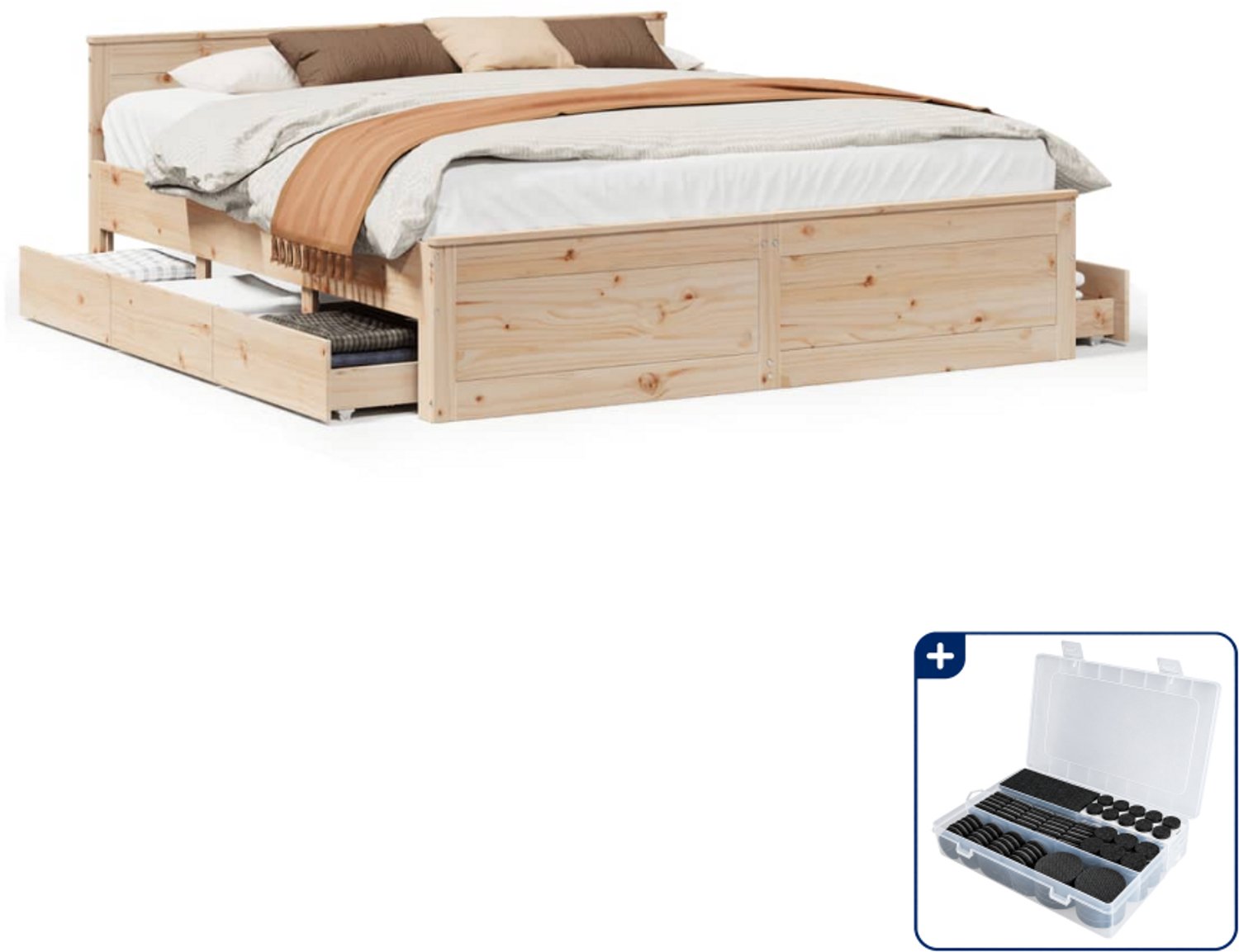 vidaXL bedframe met hoofdbord en lades - 200 x 200 cm - grenenhout - Inclusief antikrasvilt 177-delig Wit