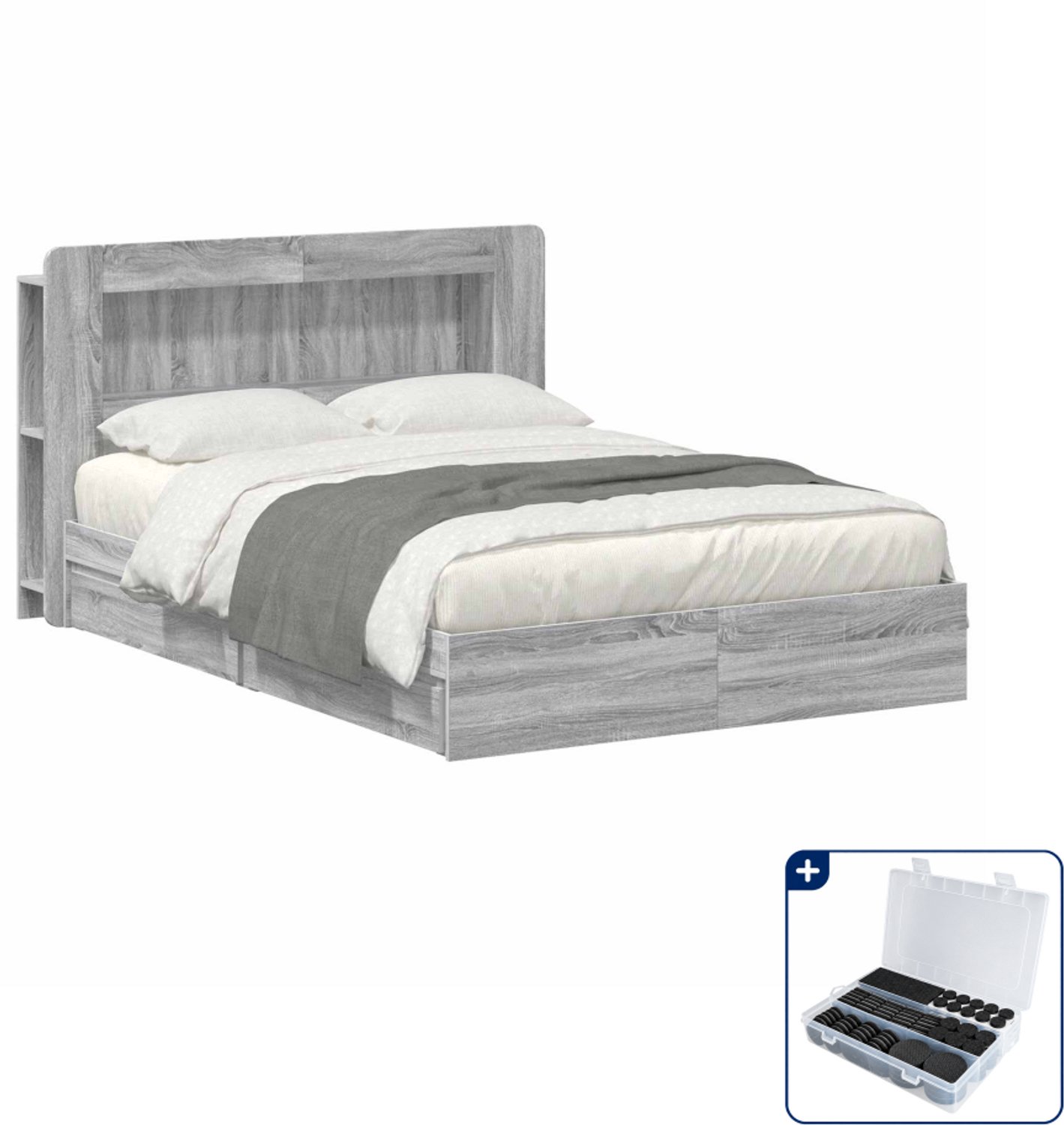 vidaXL Small double bedframe met opslag - 140 x 200 cm - grijs sonoma - Inclusief antikrasvilt 177-delig