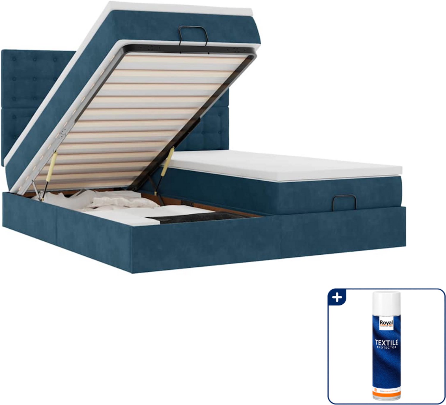 vidaXL Queensize ottoman bed - 160 x 200 cm - fluweel - donkerblauw - Inclusief textielbeschermer 500 ml