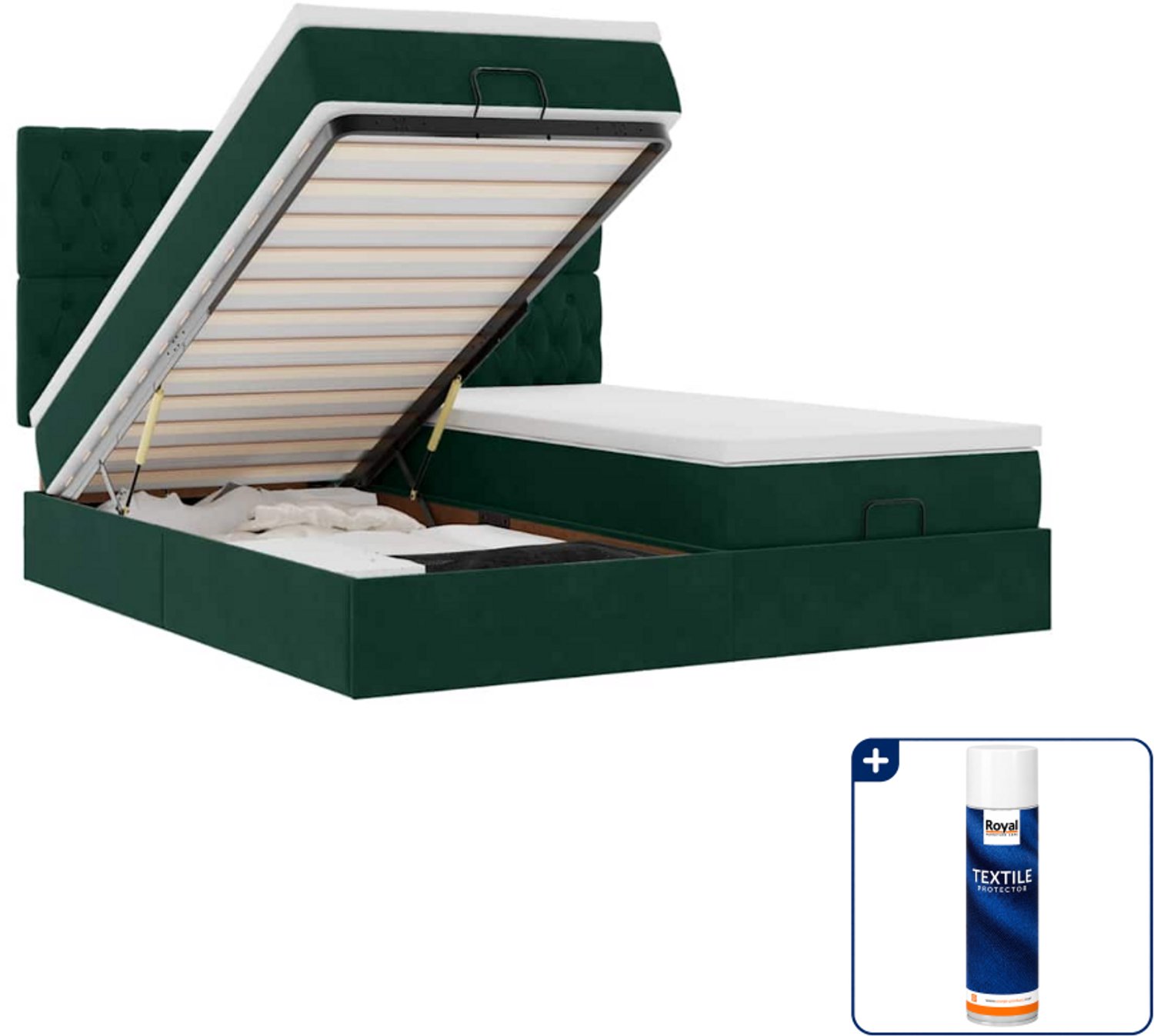 vidaXL Kingsize ottoman bed met matrassen - 180 x 200 cm - fluweel - donkergroen - Inclusief textielbeschermer 500 ml Grijs