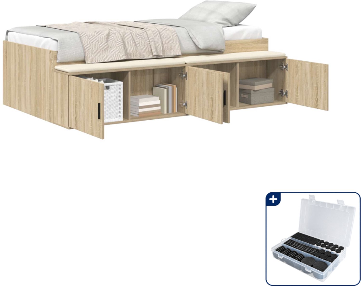 vidaXL Bedframe met lade - 90 x 190 cm - bewerkt hout - sonoma eiken - Inclusief antikrasvilt 177-delig Beige