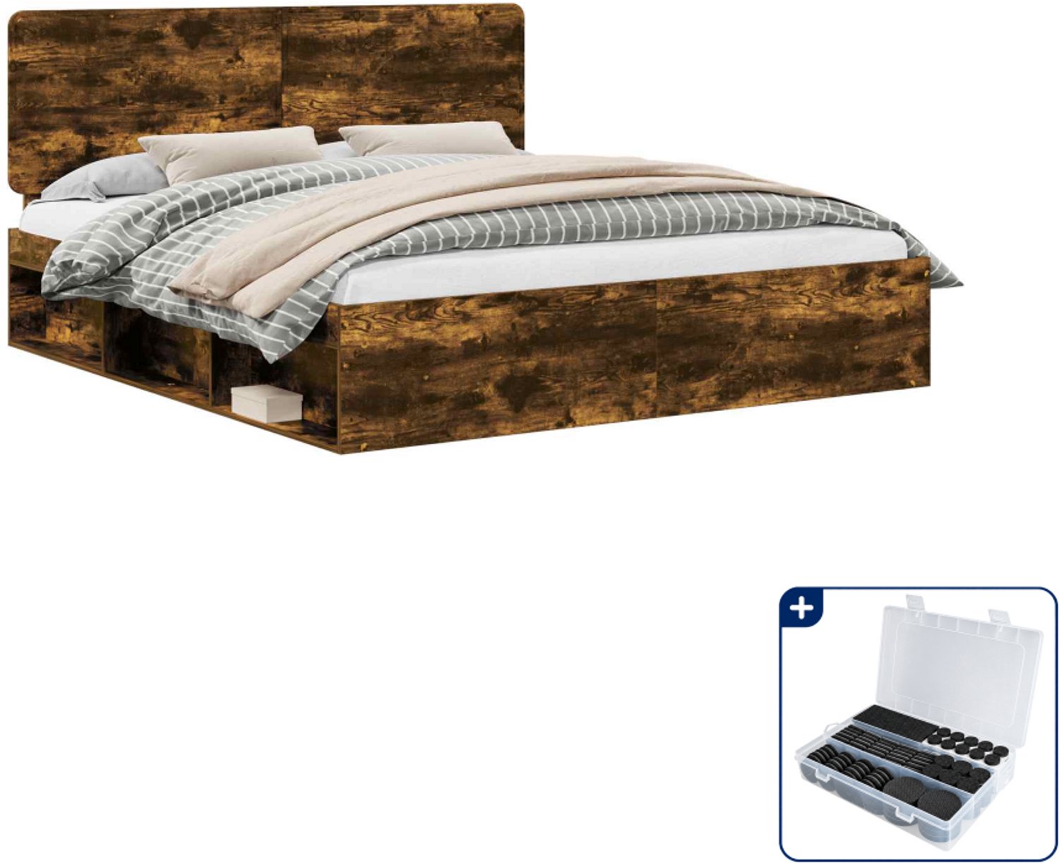 vidaXL Bedframe - 200 x 200 cm - massief grenenhout - gerookt eiken - Inclusief antikrasvilt 177-delig Roze