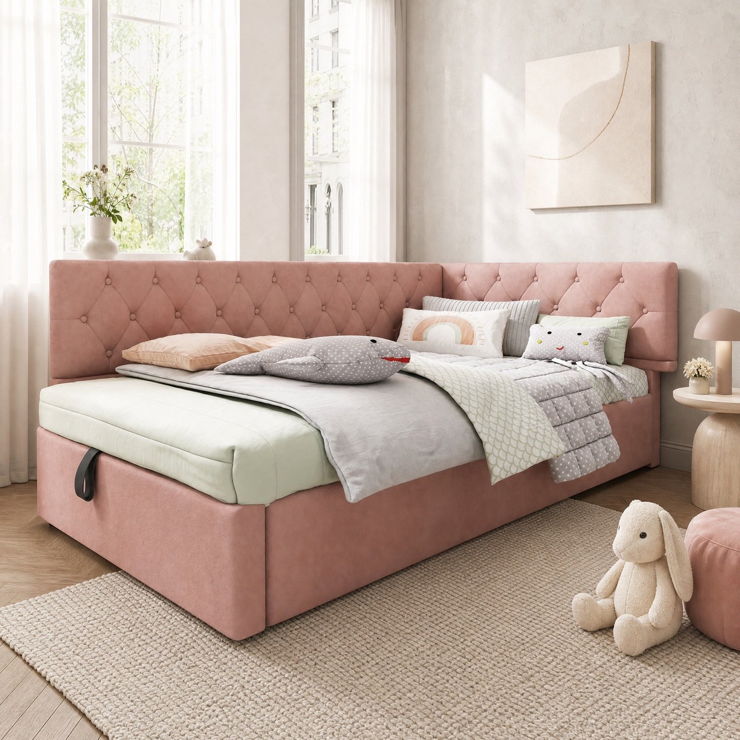 Maisentiel Roze gestoffeerd eenpersoonsbed 90 x 190 cm met opbergruimte en lattenbodem