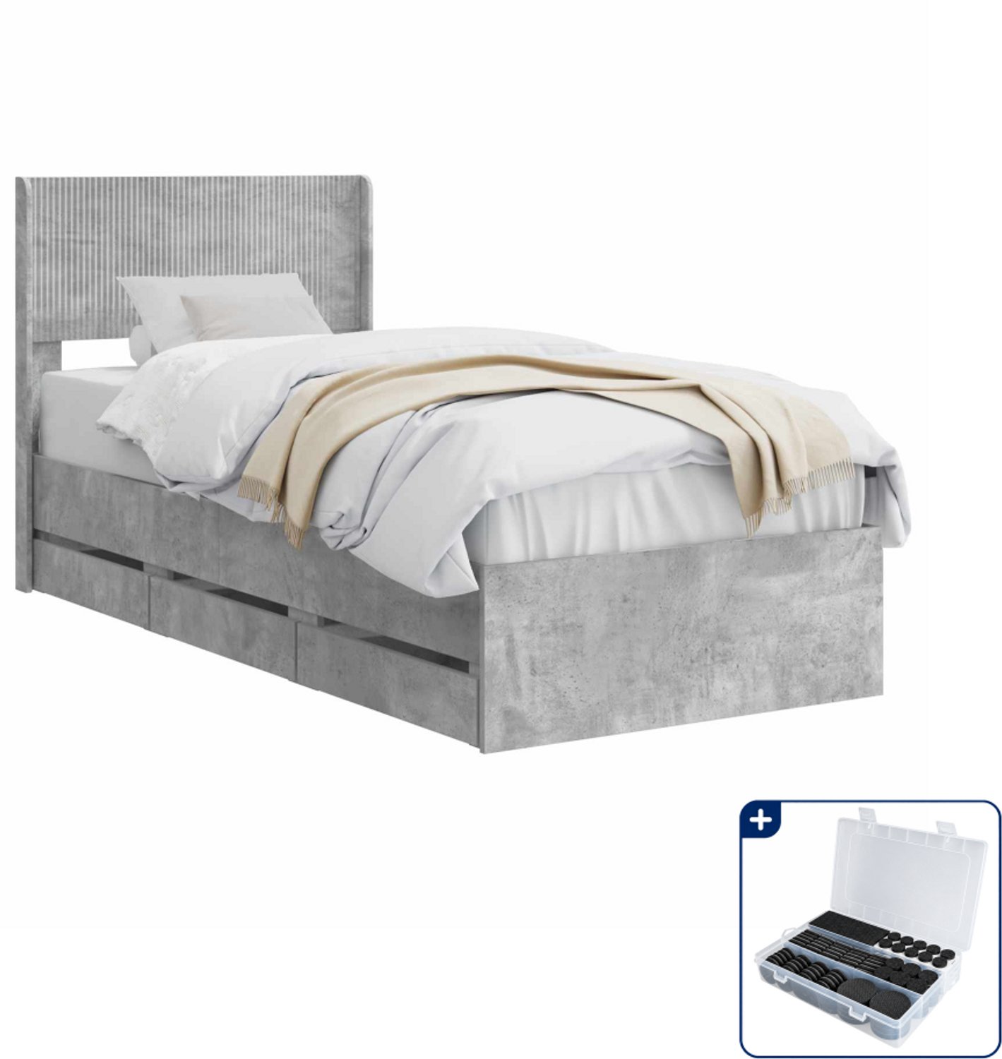 vidaXL bedframe met opbergruimte - 90 x 190 cm - bewerkt hout - betongrijs - Inclusief antikrasvilt 177-delig