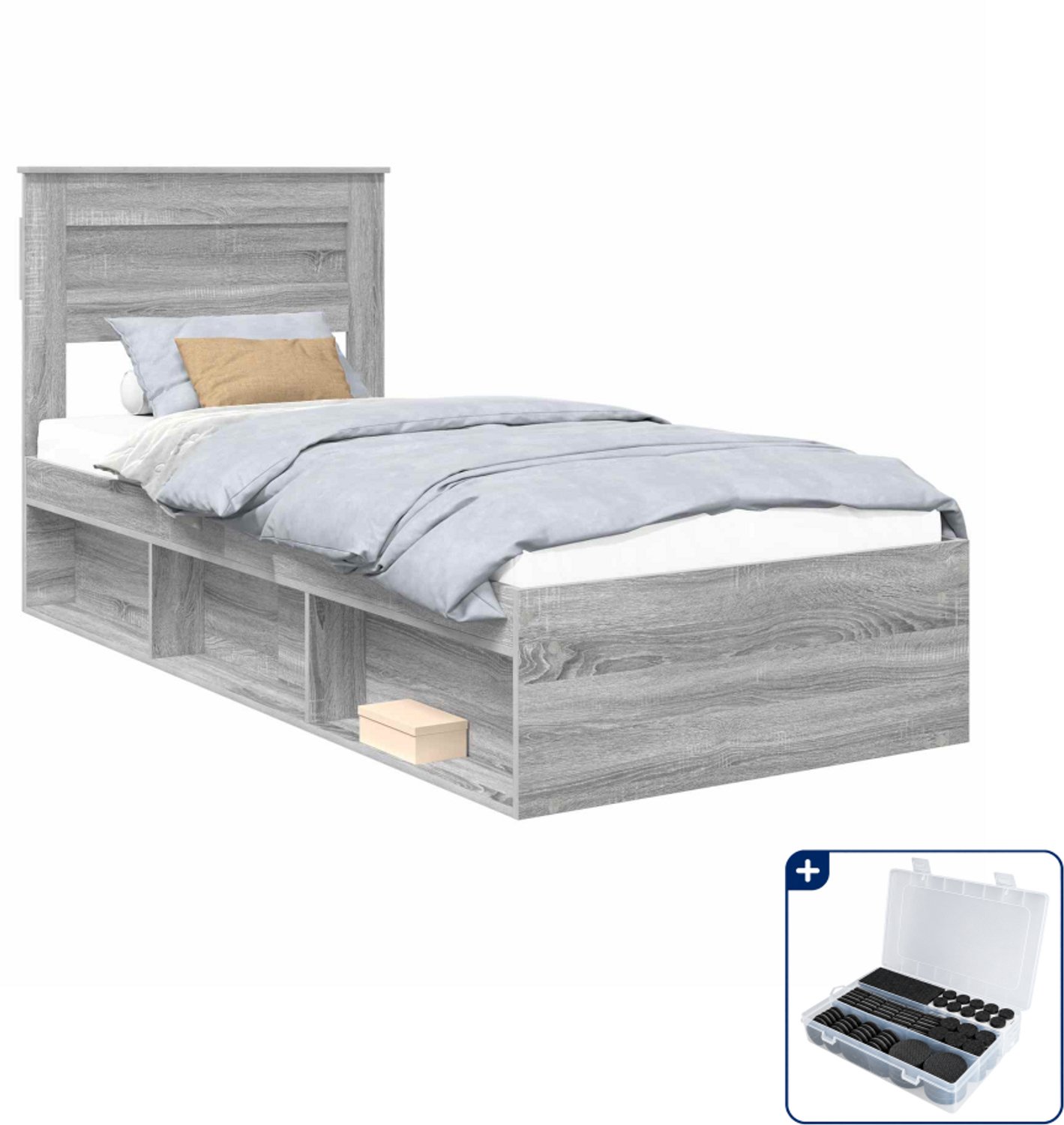 vidaXL Bedframe - 90 x 200 cm - bewerkt hout - grijs sonoma - Inclusief antikrasvilt 177-delig Bruin