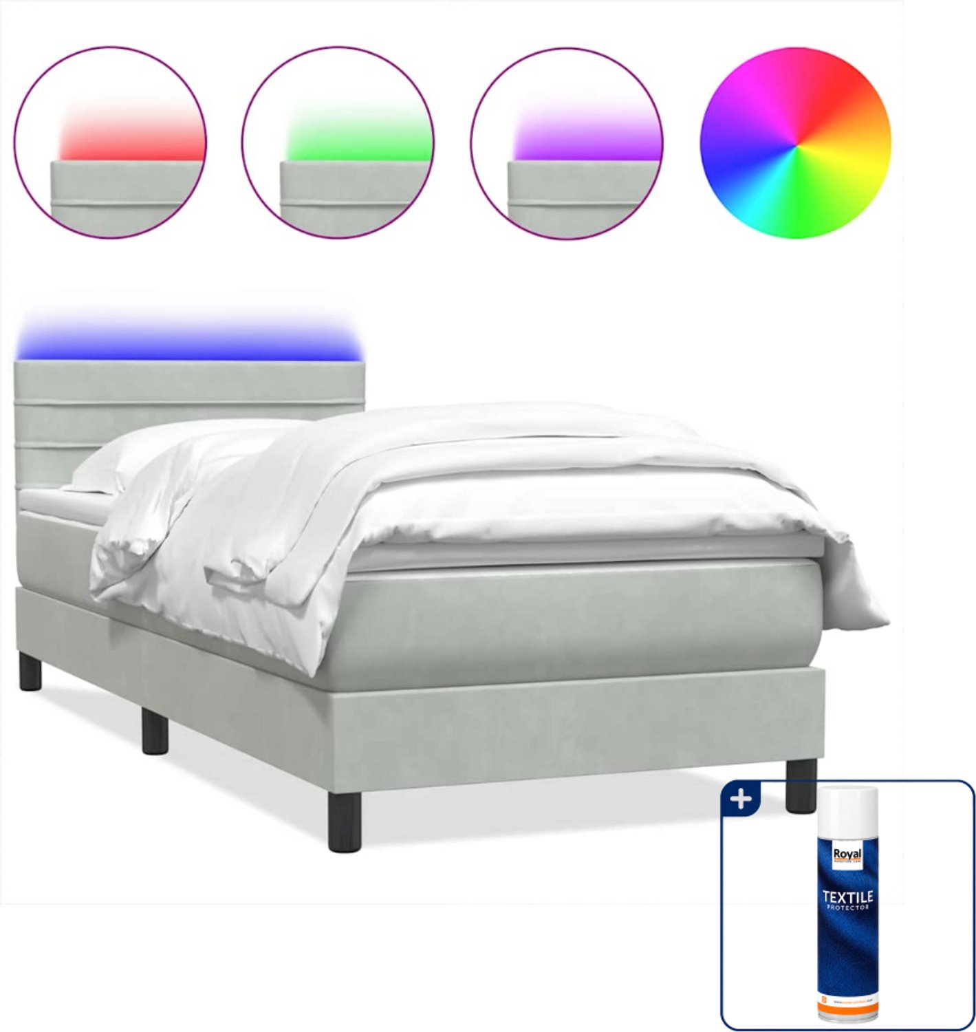 vidaXL boxspring met matras en led - 80 x 220 cm - fluweel - lichtgrijs - Inclusief textielbeschermer 500 ml Bruin
