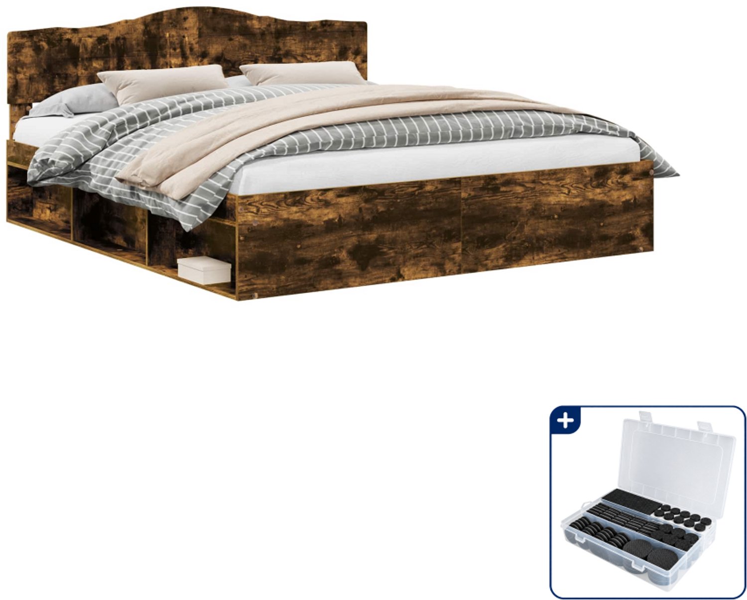 vidaXL Bedframe - Kingsize - 180 x 200 cm - gerookt eiken - Inclusief antikrasvilt 177-delig Bruin