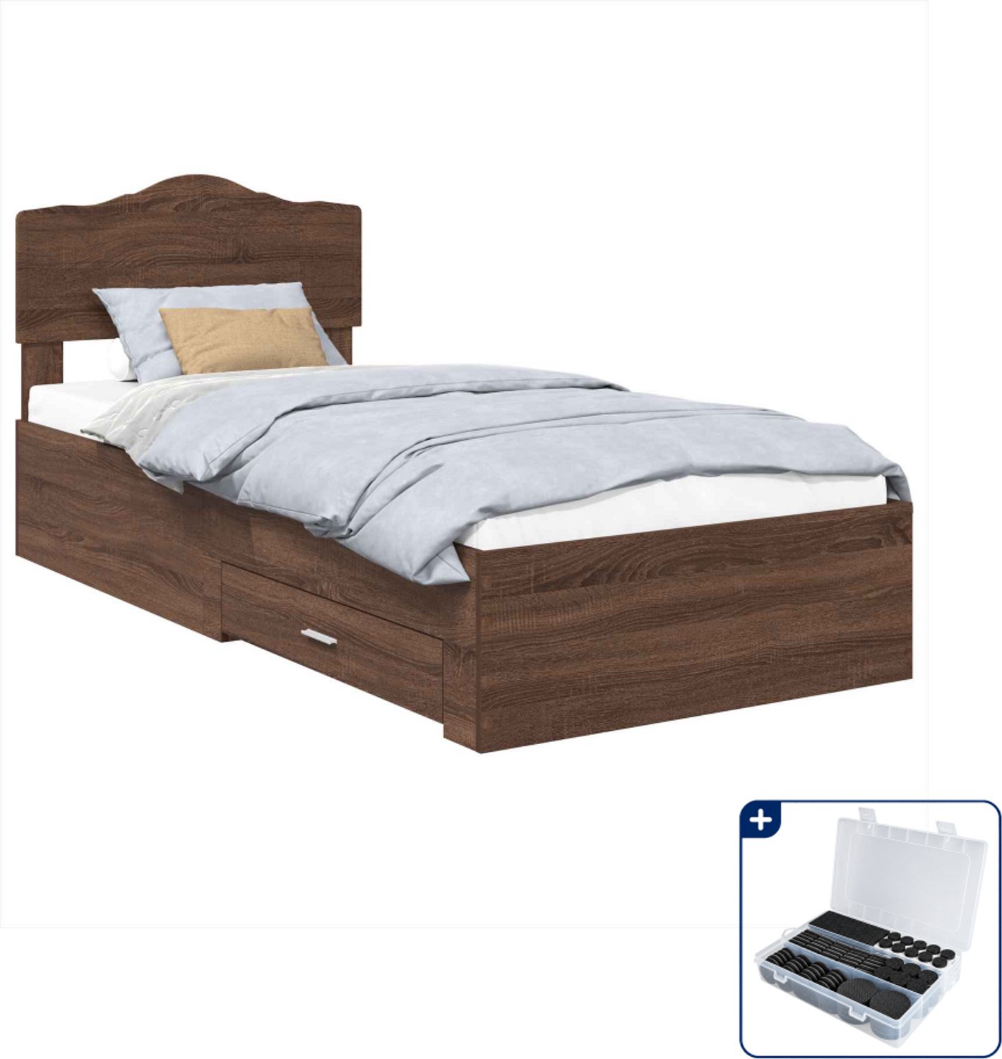 vidaXL bedframe met lade - 70 x 190 cm - bewerkt hout - bruin eiken - Inclusief antikrasvilt 177-delig