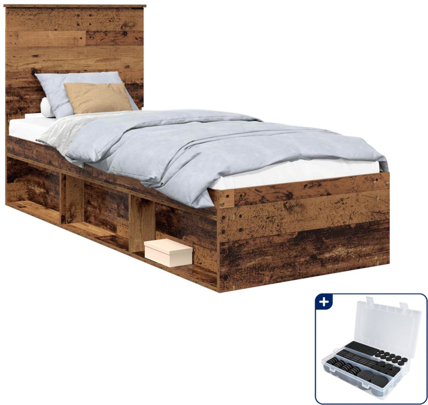 vidaXL Bedframe - 75 x 190 cm - bewerkt hout - oudhout - Inclusief antikrasvilt 177-delig Bruin