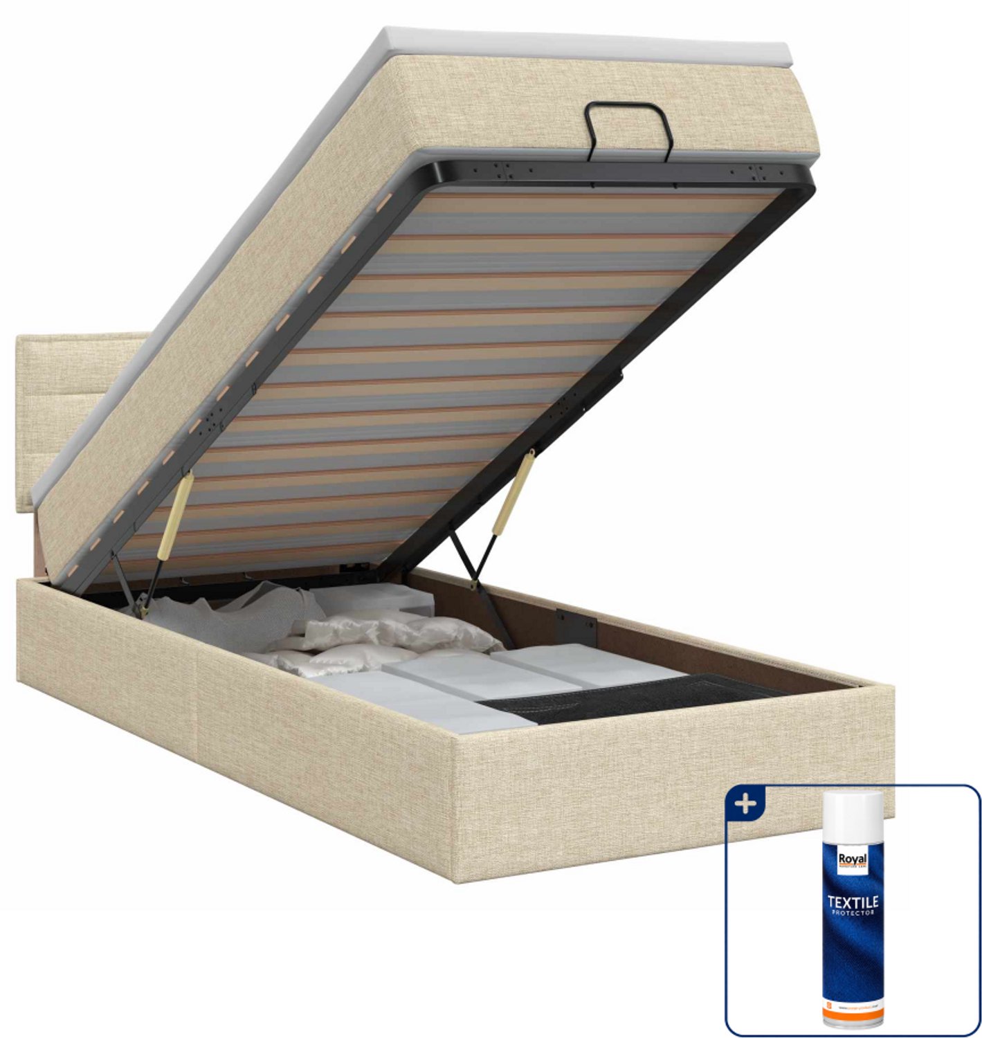 vidaXL ottoman bed met matras - 90 x 200 cm - stof - crèmekleurig - Inclusief textielbeschermer 500 ml