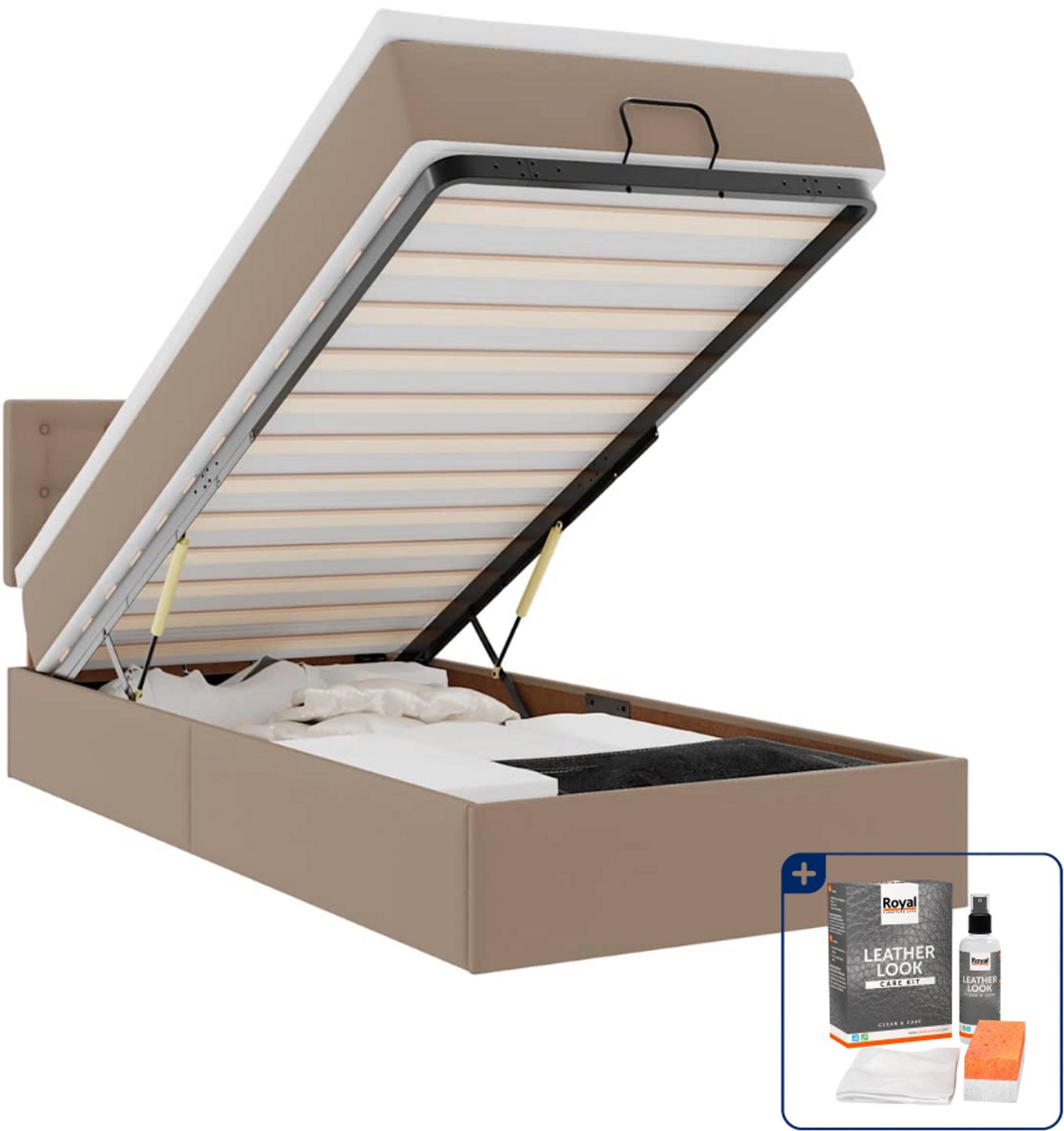vidaXL ottoman bed - 100 x 200 cm - kunstleer - cappuccino - Inclusief onderhoudsset voor kunstleer 150 ml Zwart
