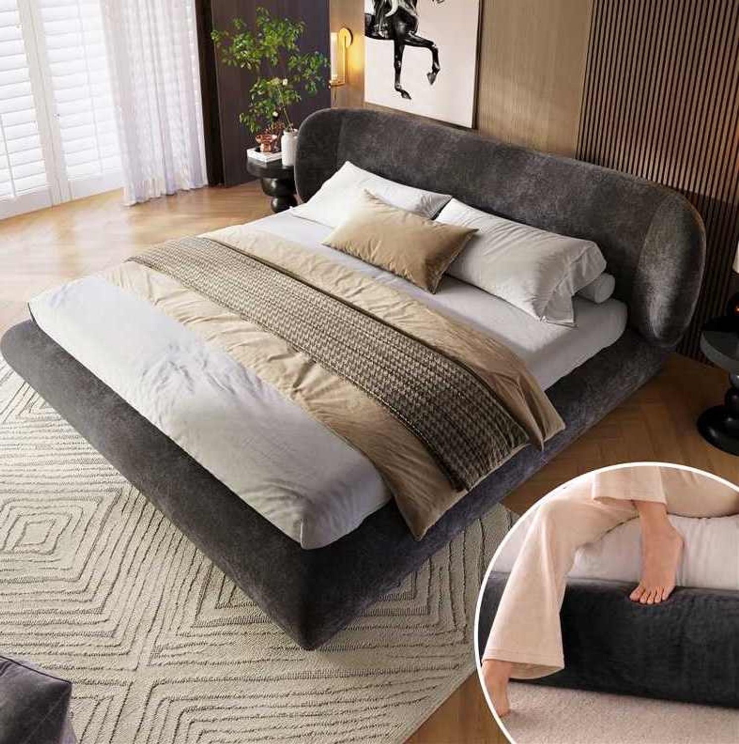 Maisentiel Gestoffeerd tweepersoonsbed 140 x 190 cm - grijs chenille - met lattenbodem