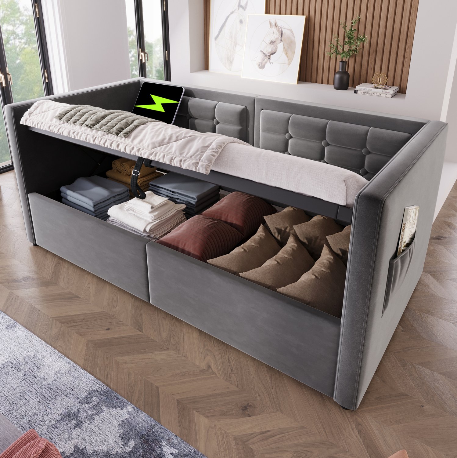 Maisentiel Grijze slaapbank 90 x 200 cm met opbergruimte, lattenbodem en USB-C Grijs