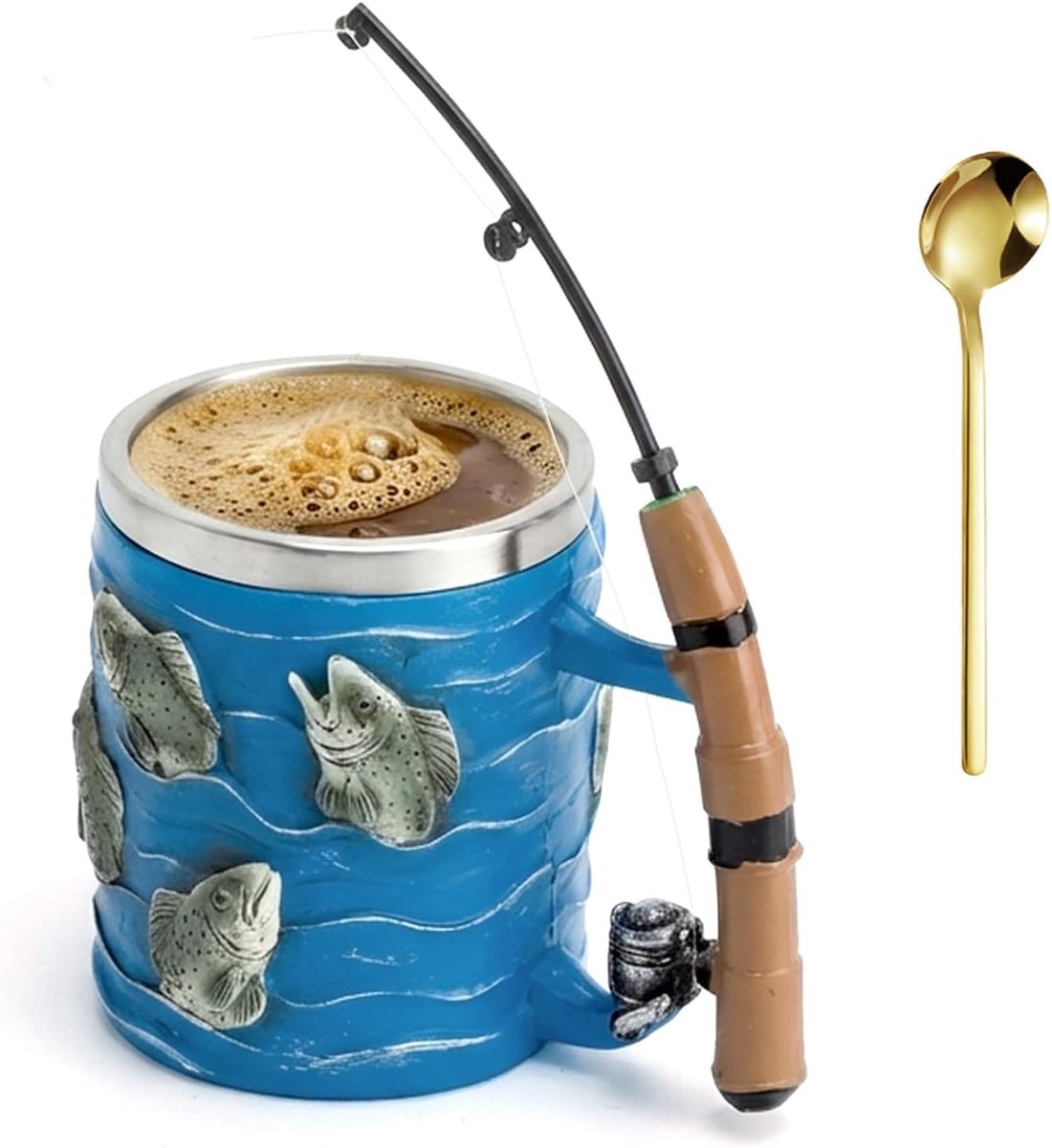 Visbeker met hengel- en rolontwerp, keramische koffiemok, cadeau voor vissers, papa, visser