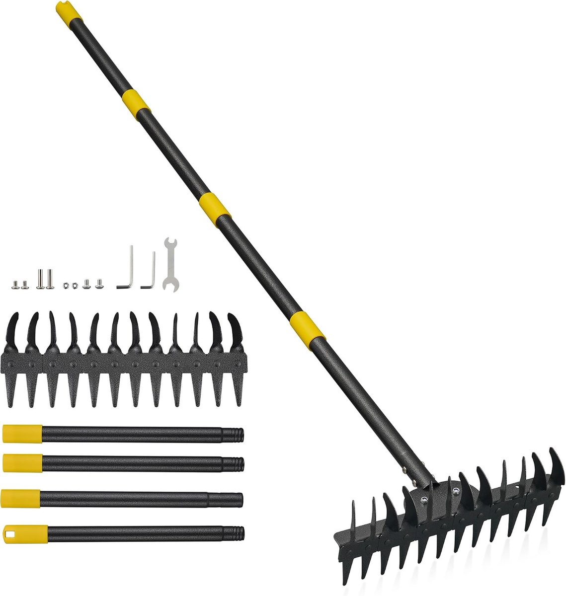 Hark voor de tuin met steel - 190 cm dubbele rij hark van roestvrij staal, antislip handvat. Als gazonhark, gazonhark & tuinhaak met steel voor bladeren, bodemlosing, stenen en onkruid