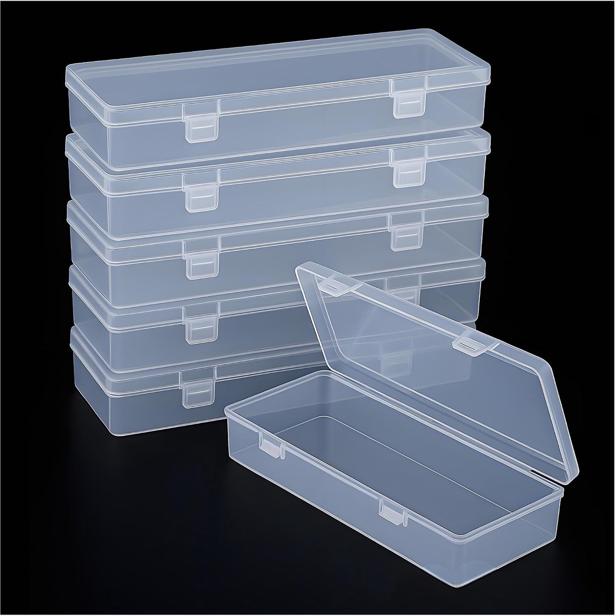 6 Stuks Lange Plastic Opbergdozen (15,5 x 6,5 x 3 cm) – Transparante Rechthoekige Bakjes voor Diamond Painting Tools, Schroeven & Sieraden, Kunststof Doosje met Deksel (Wit)