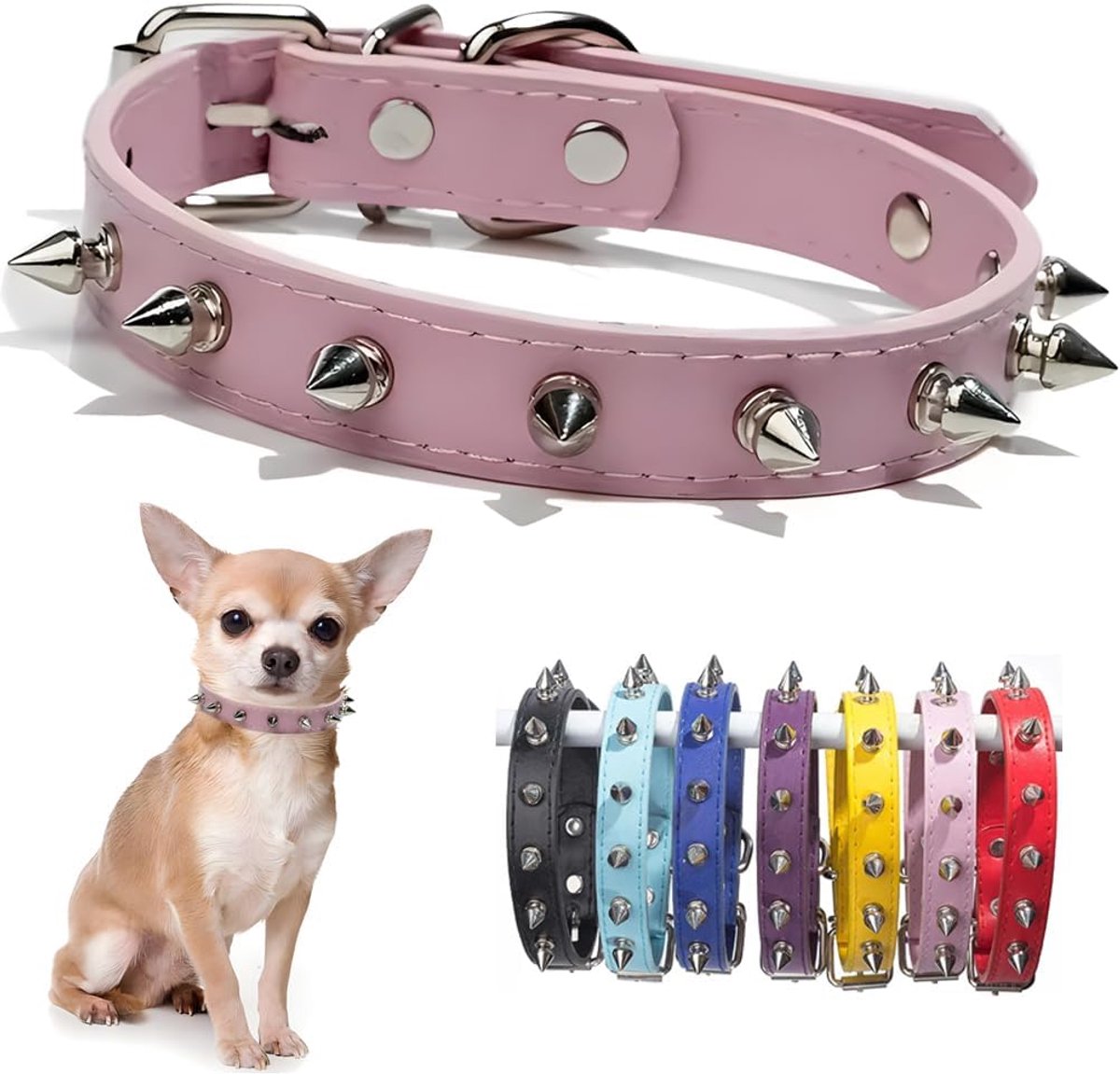 Gespte hondenhalsband van PU-leer met spijkers voor kleine honden, met knopen en spijkers voor puppy's, gespte kattenhalsband voor kittens, verstelbare gesp voor XS extra klein, middelgroot