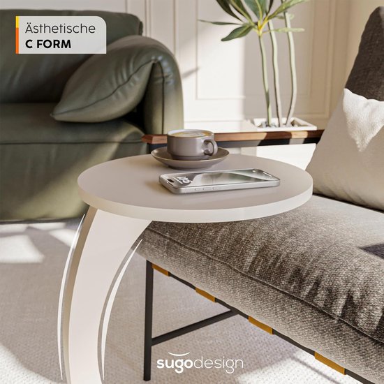 Sugodesign Salontafel met wieltjes, kleine bijzettafel C-vorm, bijzettafel, bank, stijlvolle salontafel in mooi zand-beige-look, ronde tafel als legplank voor bank en woonkamer, C-vorm — afbeelding 2