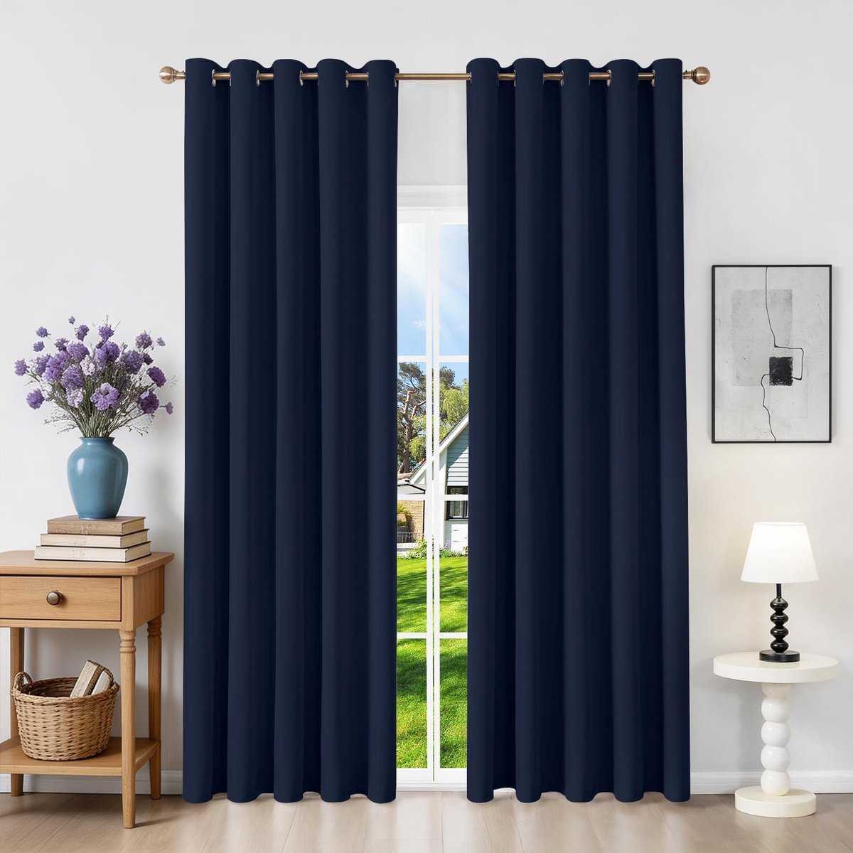 Verduisteringsgordijnen met oogringen, gordijnen, set van 2, 200 x 160 cm (h x b), ondoorzichtig, kort, marineblauw, thermogordijn, hittebescherming, gordijn met oogringen voor slaapkamer