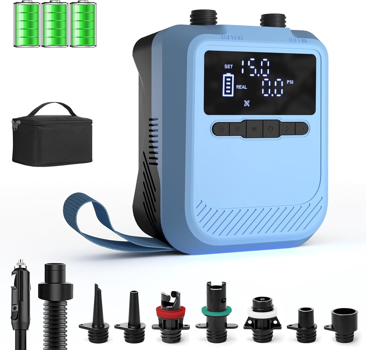 2026 SUP-pomp 20PSI, licht, accu, 5 modi+custom, 2-traps snelvullen & auto-uit, 12V autolader voor SUP, tent, matras