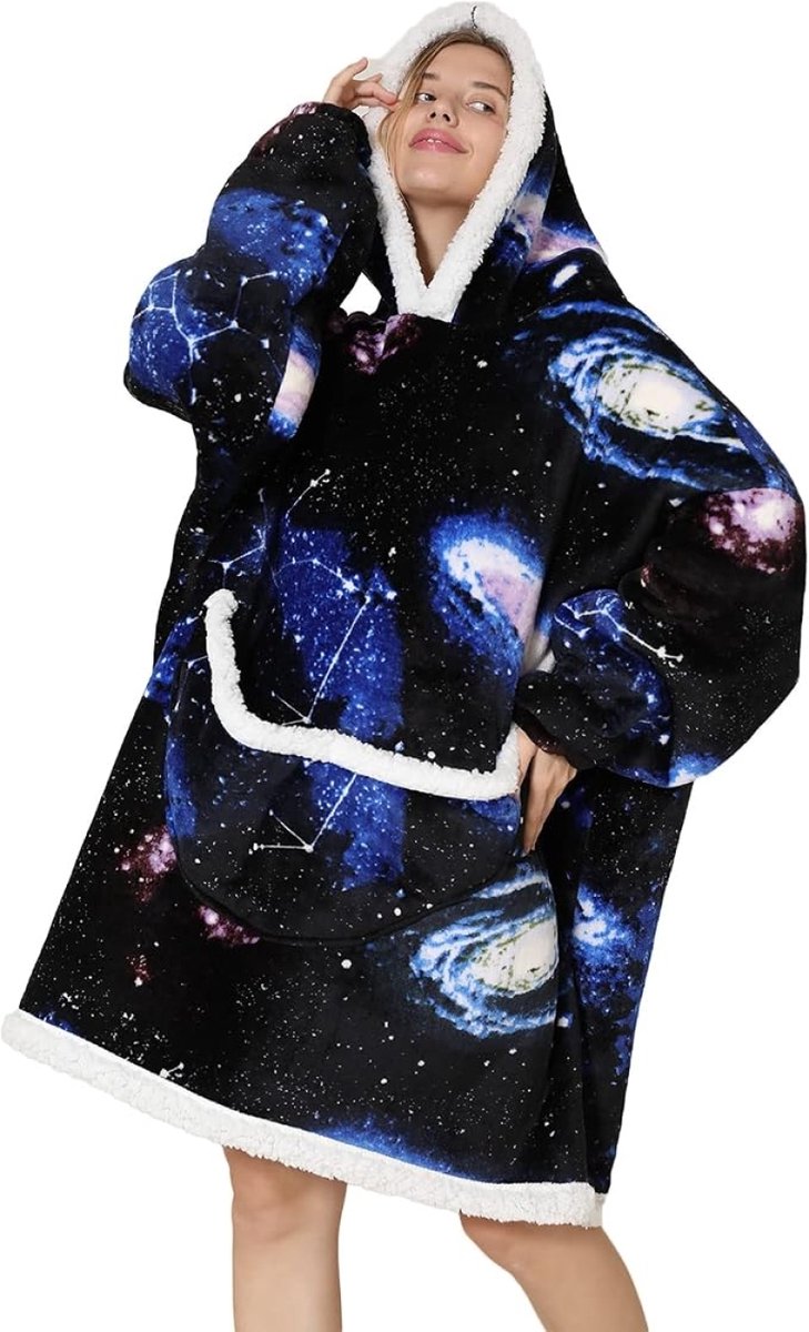 Oversized Deken Hoodie Unisex Volwassenen - Pluizige Sherpa Fleece Hooded Sweatshirt met Grote Buidelzak - Sterren/Effen Zwart/Avocado Print - One Size