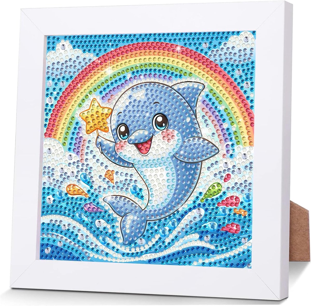 Diamant schilderij set - vrolijke dolfijn - met lijst - creatief DIY cadeau voor kinderen - ShopVlot