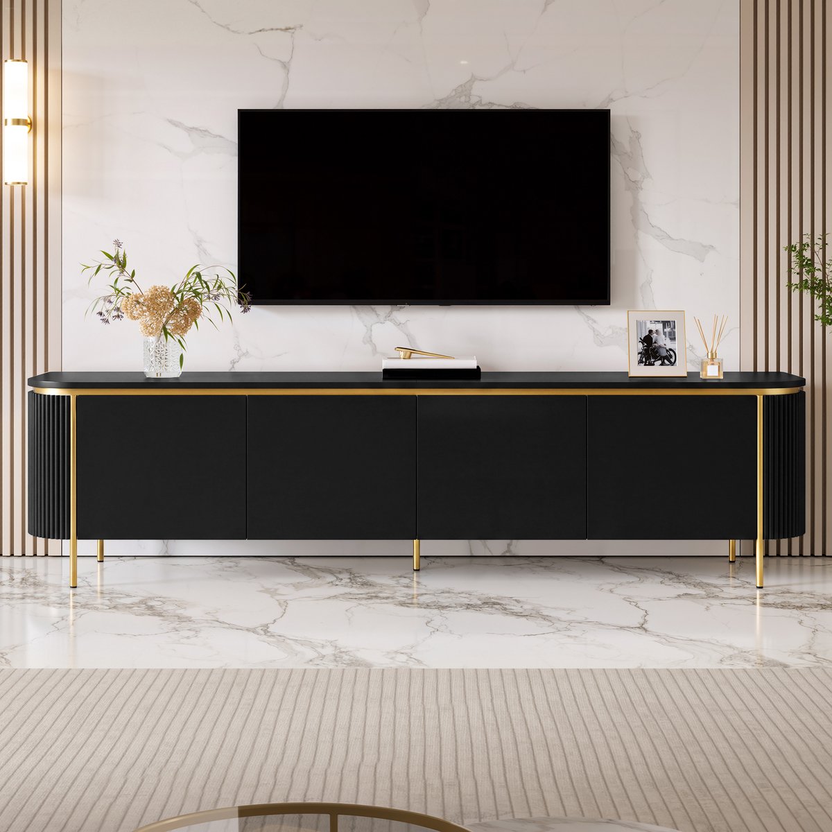 MODFU TV-Meubel - 6 Deuren - Kabeldoorvoer - MDF - Zwart - 180 X 38 X 46 Cm