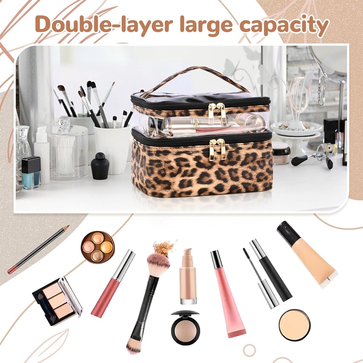 Grote Transparante Make-up Tas met Leoprint en Borstelvak, Waterdicht en Perfect voor Reizen, 22 x 16 x 15 cm