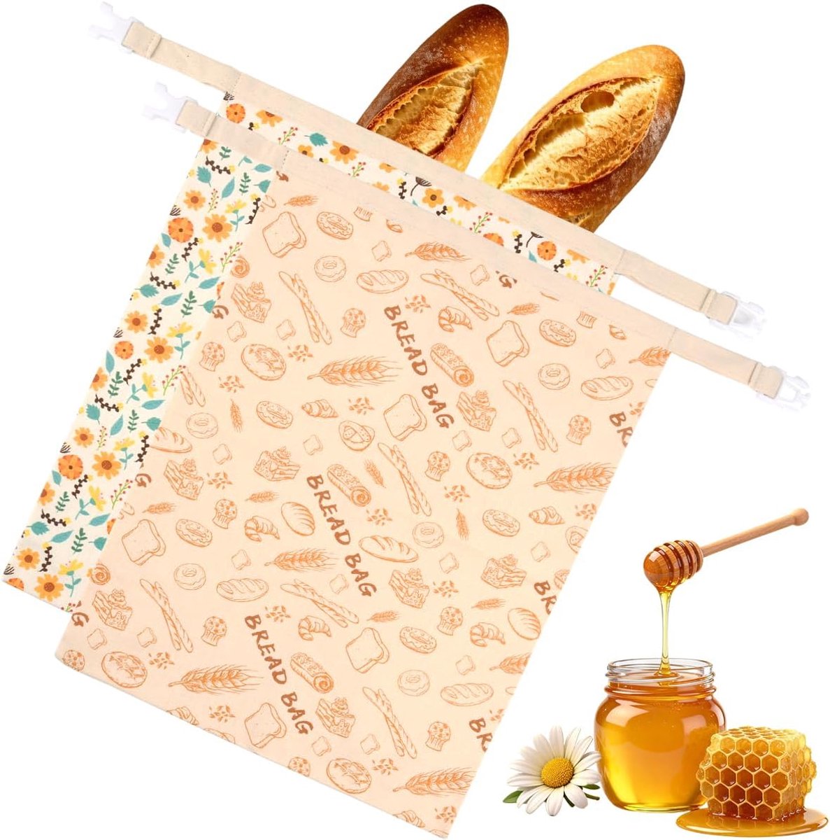 Zak van bijenwas voor brood, van bijenwas, 2 herbruikbare zakjes van bijenwas met gesp voor pannen, 43 x 33 cm, broodzak voor moederdeeg, baguettes