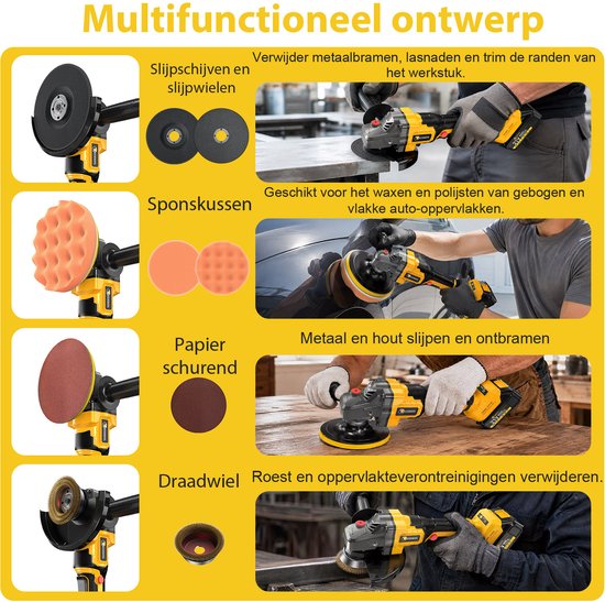 Multifunctioneel ontwerp van de gele haakse slijper: toepassingen voor slijpen, polijsten, schuren, ontbramen en roest verwijderen met verschillende accessoires.