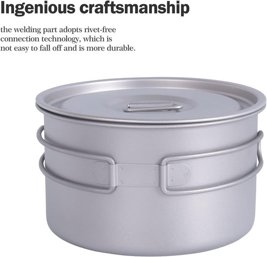 1.8L Camping Kookpot - Lichtgewicht Titanium Kookgerei voor Buiten, Ideaal voor Backpacken en Reizen, Inclusief Soep- en Sauspan — afbeelding 2