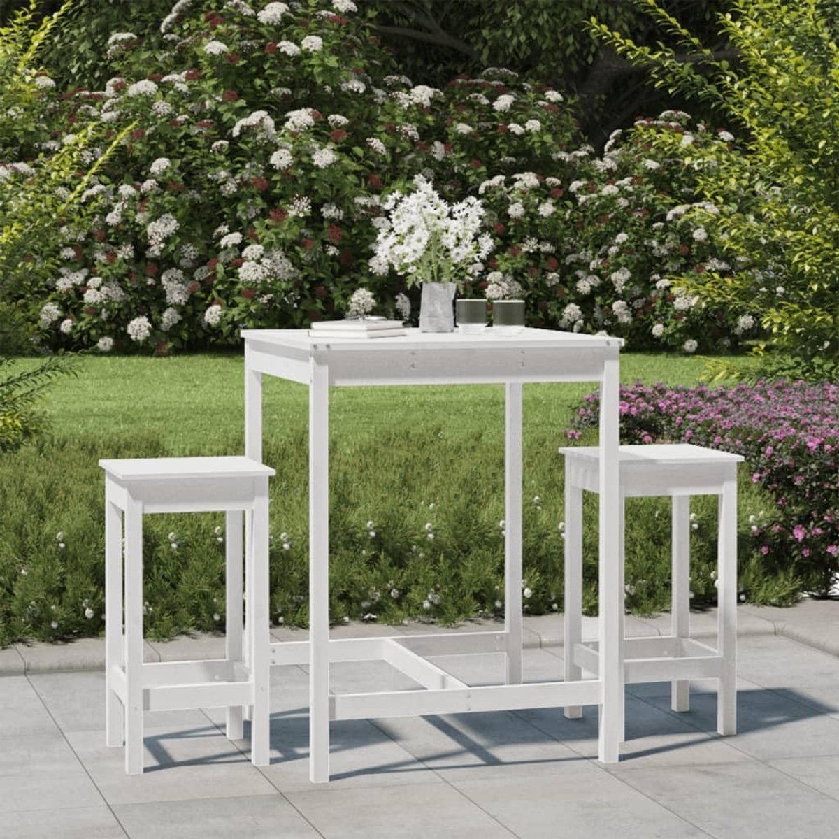 3-delige tuinbarset wit van massief grenenhout met bartafel en twee krukken zonder rugleuning, robuust tafelblad voor dranken en gerechten, ideaal voor tuin terras balkon