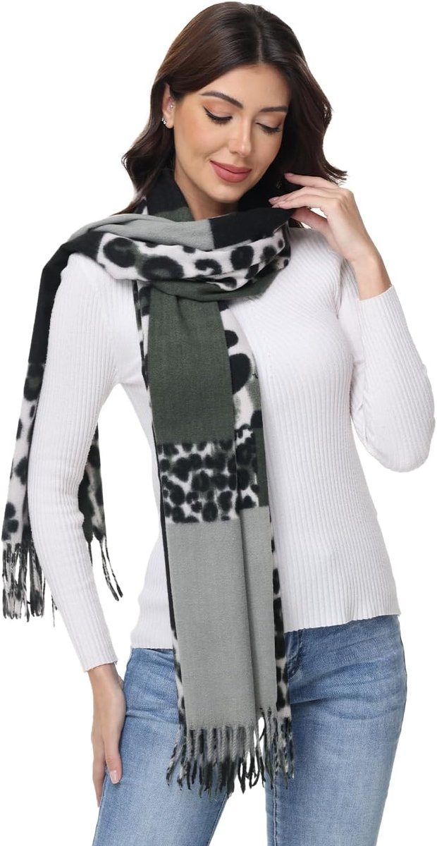 Sjaal voor dames, warm, herfst, winter, luipaardpatroon, kasjmier gevoel, leo-halsdoek met franjes, wintersjaal voor dames als premium doek & dierenprint sjaals en doeken voor avondjurk