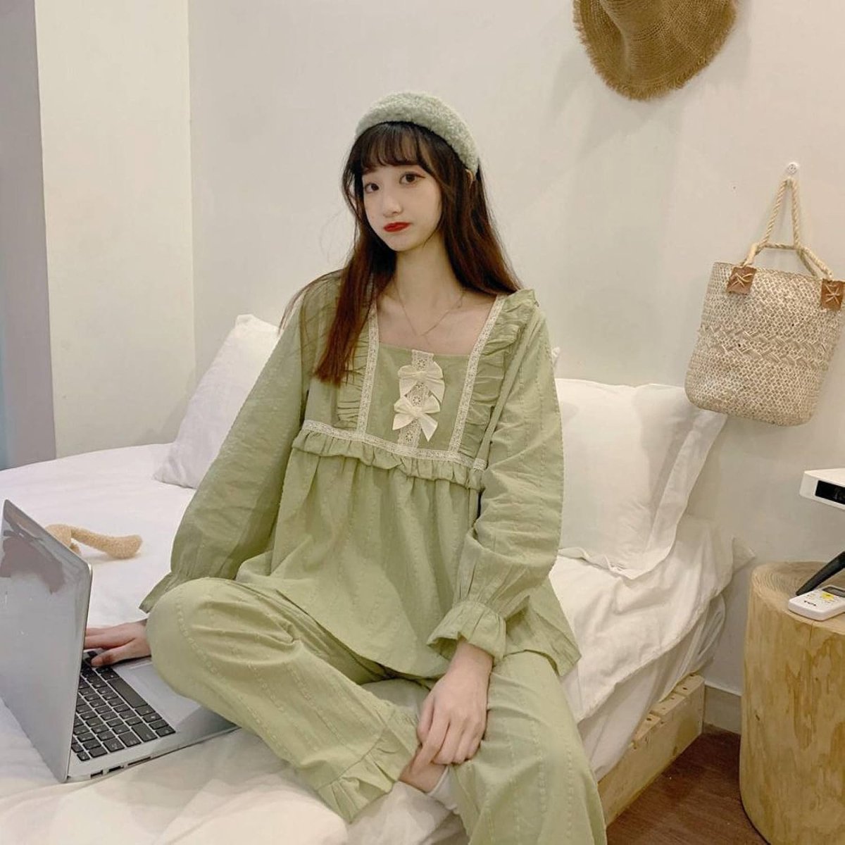 Pyjama Set Met Ruches En Kant - Dames Katoenen Strik Vierkante Hals Homewear Modieus Prinses Met Lange Mouwen Nachtkleding,Effen Kleur Zachte Nachtkleding Knop Omhoog Versie Nachtkleding Lounge