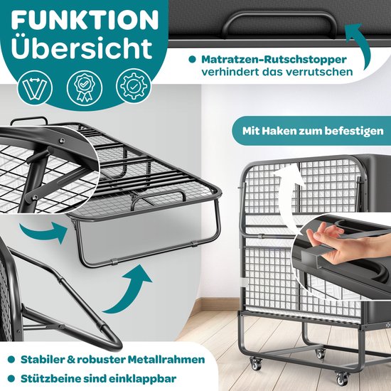 KESSER Opklapbed 200 x 90 cm met Traagschuimmatras - Logeerbed Inklapbaar / Vouwbed voor Gasten, tot 250 kg - Antraciet/Wit Deluxe Plus — afbeelding 4