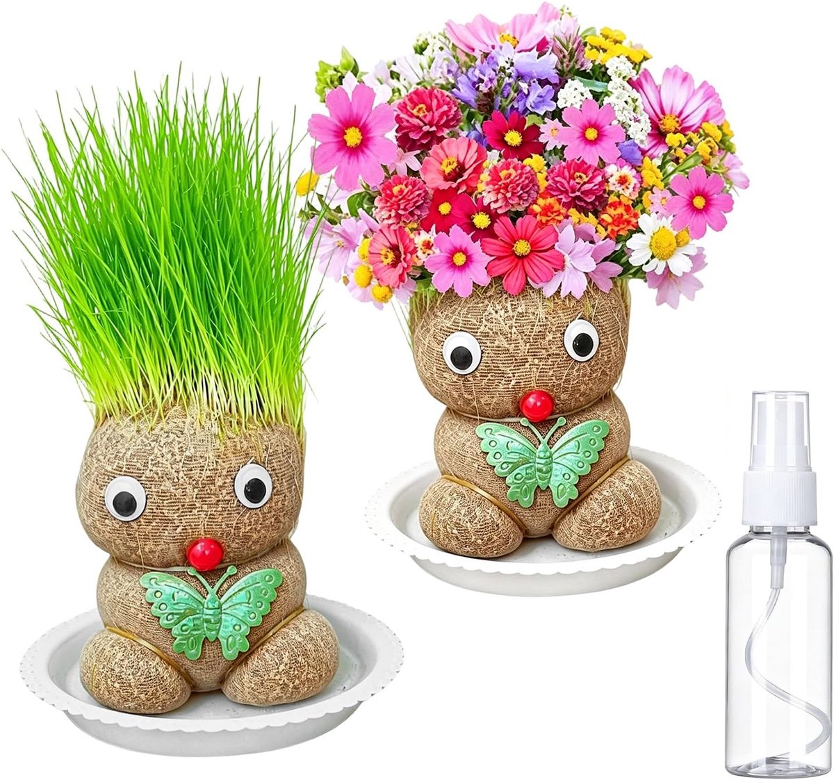 2 stuks poppenplant met graskop, poppenkop, grasplant, groeit in bonsai mini-potten, creatieve kantoordecoratie