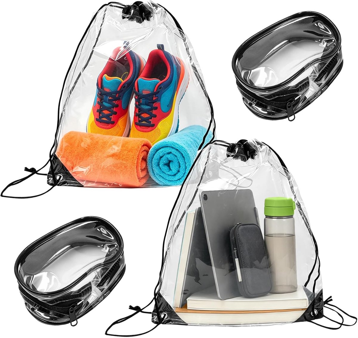 2 stuks transparante rugzak met trekkoord + 2 stuks transparante pvc-ritssluiting etui