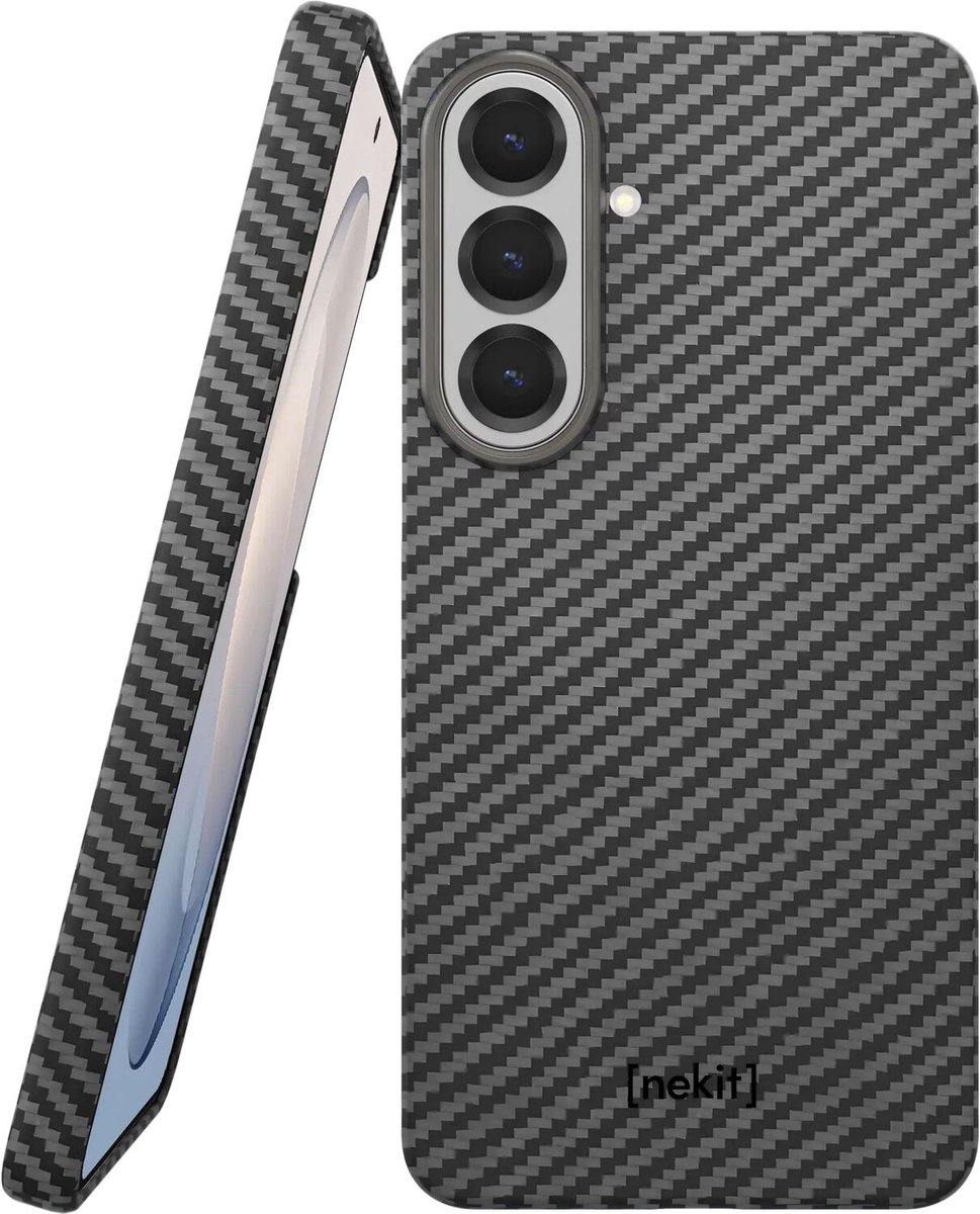 NEKIT Fiber Hoesje Geschikt voor Samsung Galaxy S26 FE - Compatibel met MagSafe en Qi2 - High-Tech Kevlar - Back Cover Ultra Dun - Grijs/Zwart