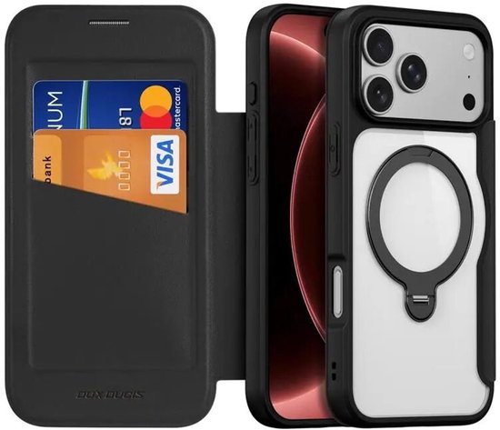 Zwart Dux Ducis hoesje, opengeklapt met kaarthouder met VISA en Mastercard logo's.