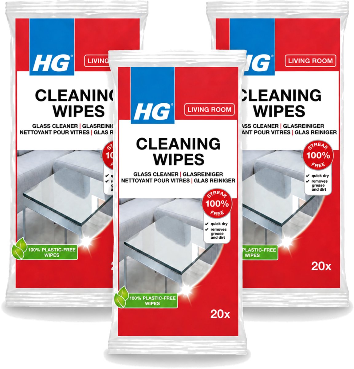 3 x HG - Woonkamer - Glasreinigingsdoekjes - Reinigt Streeploos - 20 Doekjes - Voordeelverpakking - 3 stuks