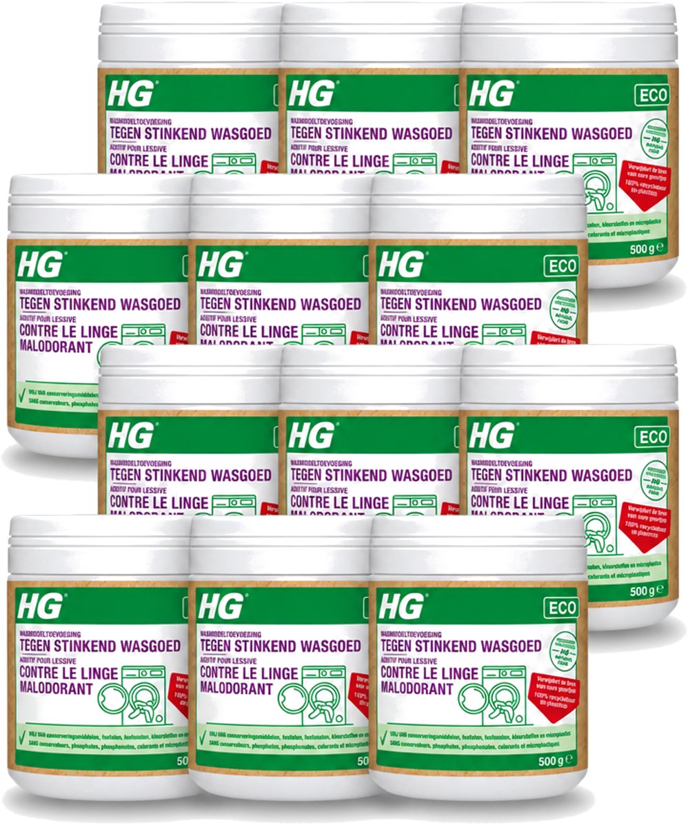 12 x HG ECO - Wasmiddeltoevoeging Tegen Stinkend Wasgoed - Effectieve Formule - 16 Wasbeurten - 500 g - Voordeelverpakking - 12 stuks