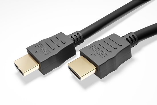 Zwarte HDMI-kabel met gouden connectoren en opdruk 'HDMI'.
