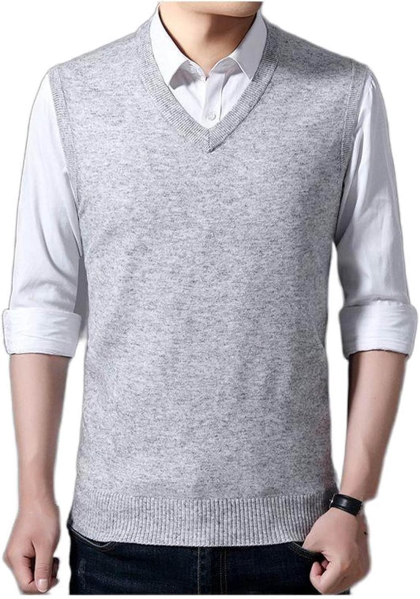 Heren Kasjmier Vest, Klassiek Effen Kleur Mouwloos Trui Vest Pullover Vest Casual All-Match Gebreid Vest, Klassiek Zakelijk Heren Gebreide Vest Trui Tanktops, Lichtgrijs, S