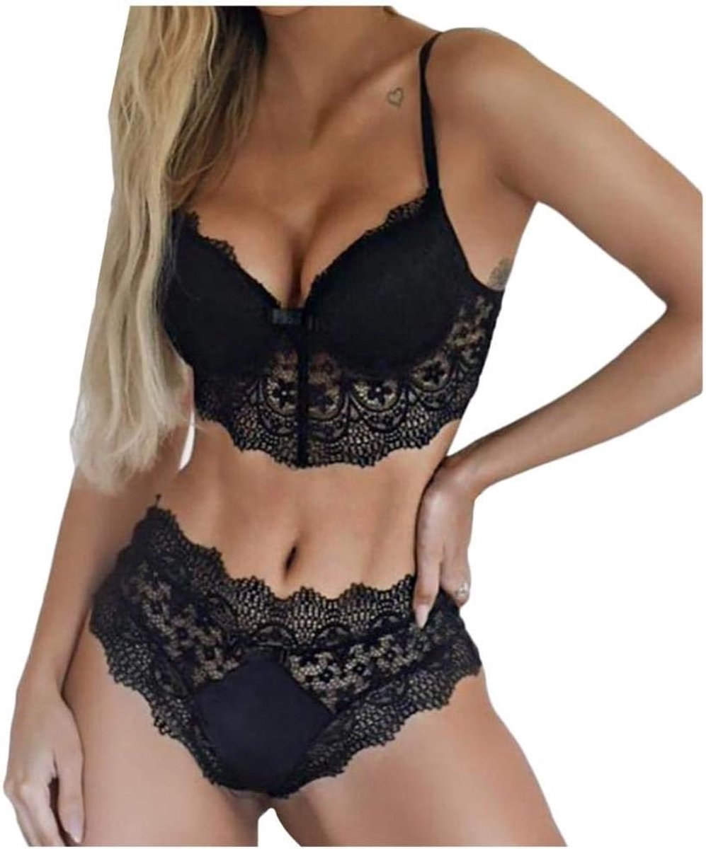 Sets met nachtmode & ochtendjas 2 ST Vrouwen Kostuums Sexy Lingerie Kant Draadloze Beha Shorts Verleiding Halter Ondergoed Porno Dames Erotische Nachtkleding Set-Black_XL