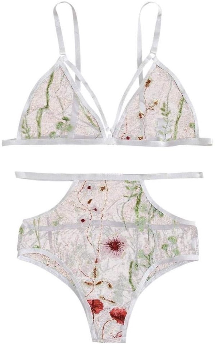 Babydolls, nachtjaponnen & negligés dames sexy vrouw ondergoed doorschijnende kanten beha geborduurde string kleding set-WHITE_XXL