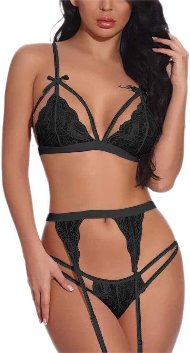 Dames vrouwelijk ondergoed perspectief kant sexy lingerie uitgehold g-string bh set-Black_M