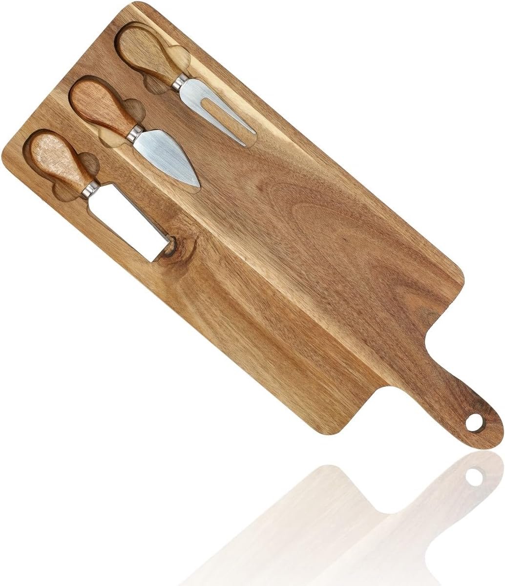 Kaasplank met Messen Set, 4-delige Kaasplank Set-Hapjesplank, Tapasplank, Boterplank Hout, Borrelplank voor Kaas, Serveerplank voor Snoepjes, Inclusief Kaasmesjes